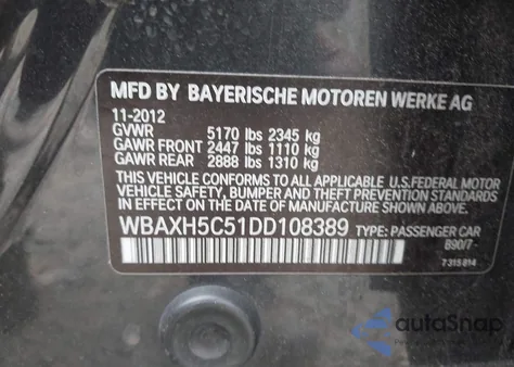 2013 BMW 528I xDrive from USA, damaged, VIN WBAXH5C51DD108389